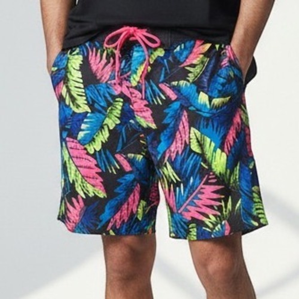 American Eagle Board Shorts Mens Small Black Neon Tropical Palm Leaf Excellent